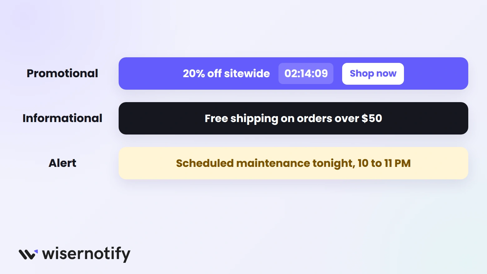 Three types of announcement bars: promotional with a countdown and button, informational free shipping, and an alert
