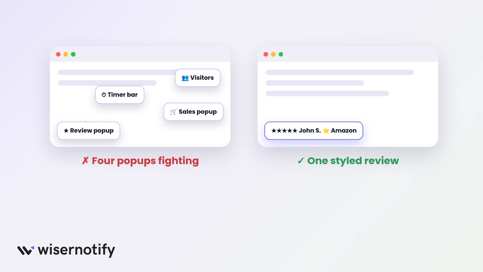 A page crowded with four popups next to a page with one styled review
