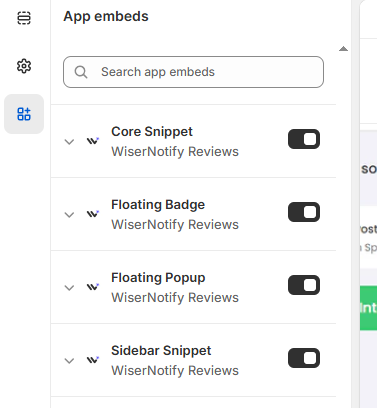 Shopify App embeds panel with WiserReview Core Snippet and floating widget toggles