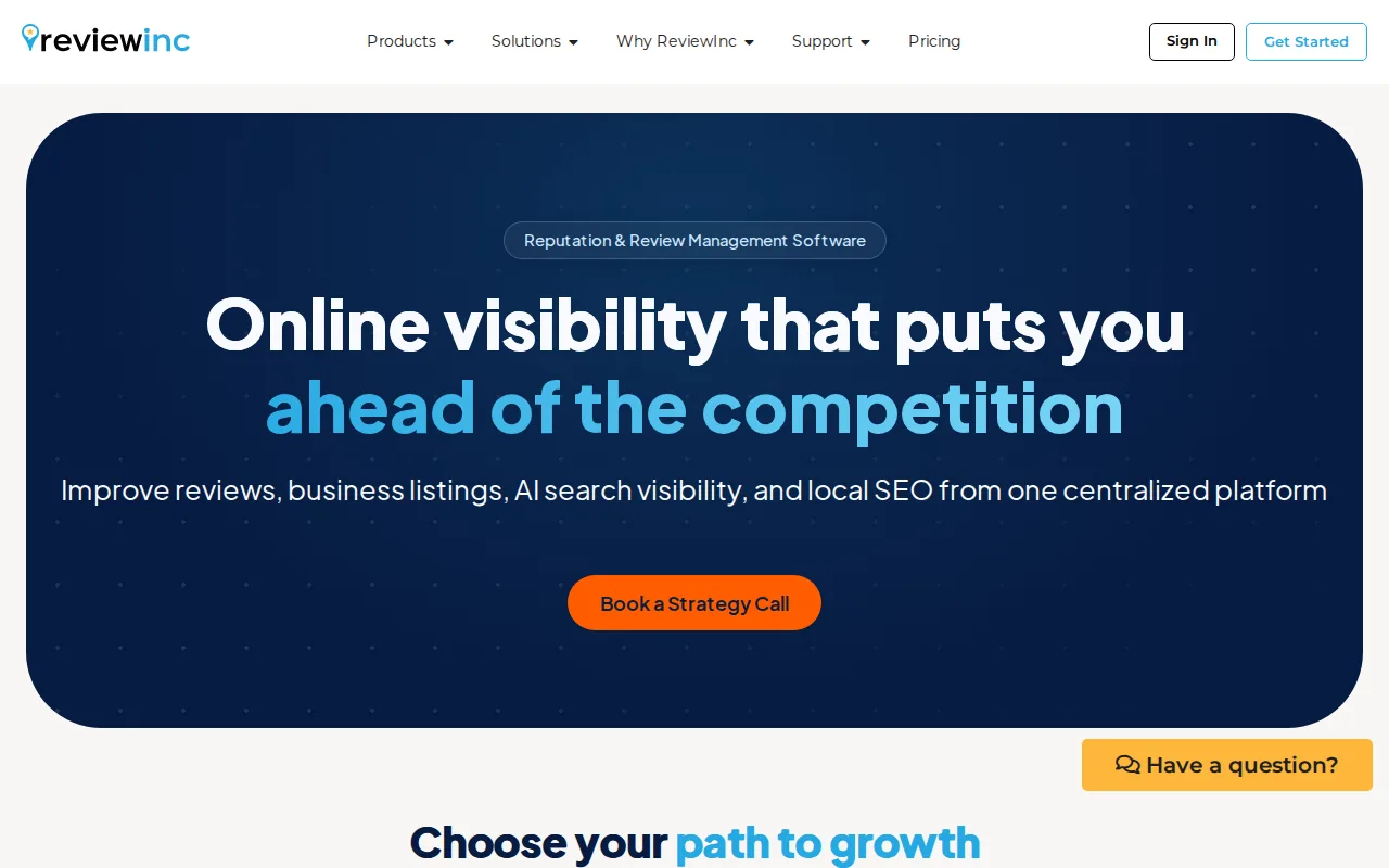 ReviewInc homepage with the headline Online visibility that puts you ahead of the competition