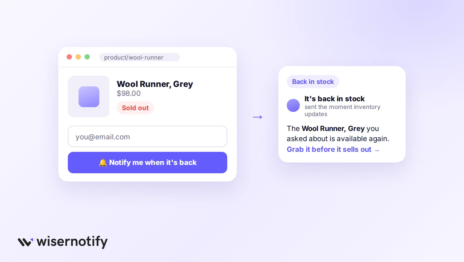 Sold-out product with a notify-me button, and the back-in-stock email it triggers