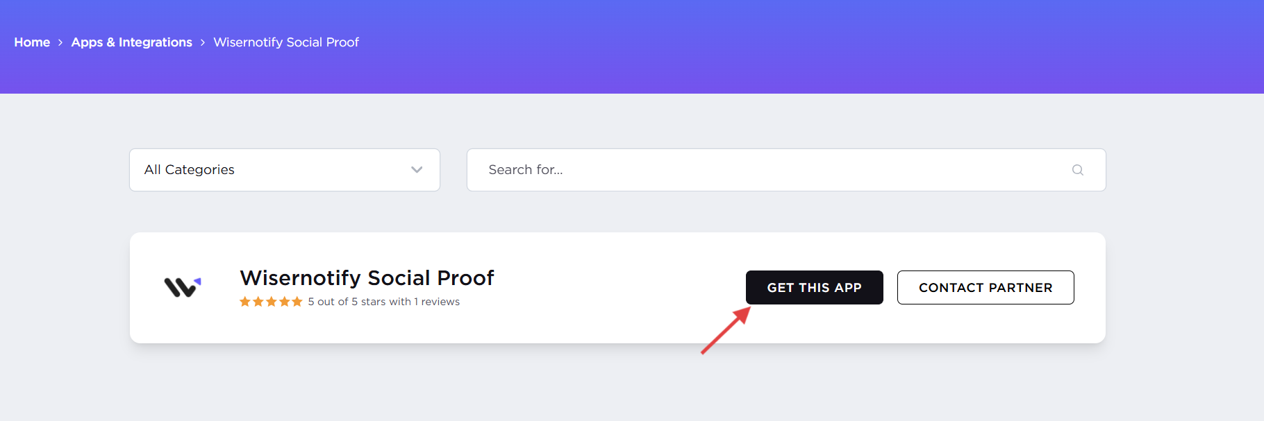 BigCommerce App Marketplace listing for Wisernotify Social Proof with the Get this app button marked