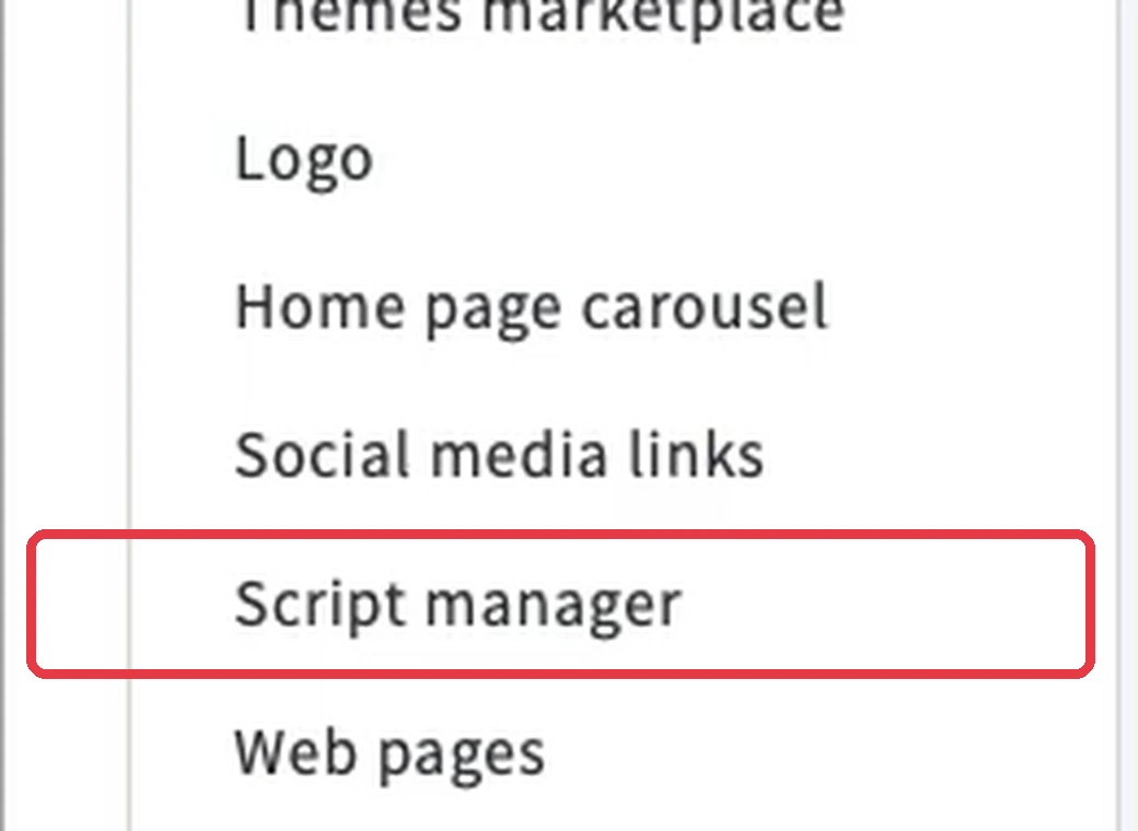 BigCommerce admin Storefront menu with Script manager marked below Social media links