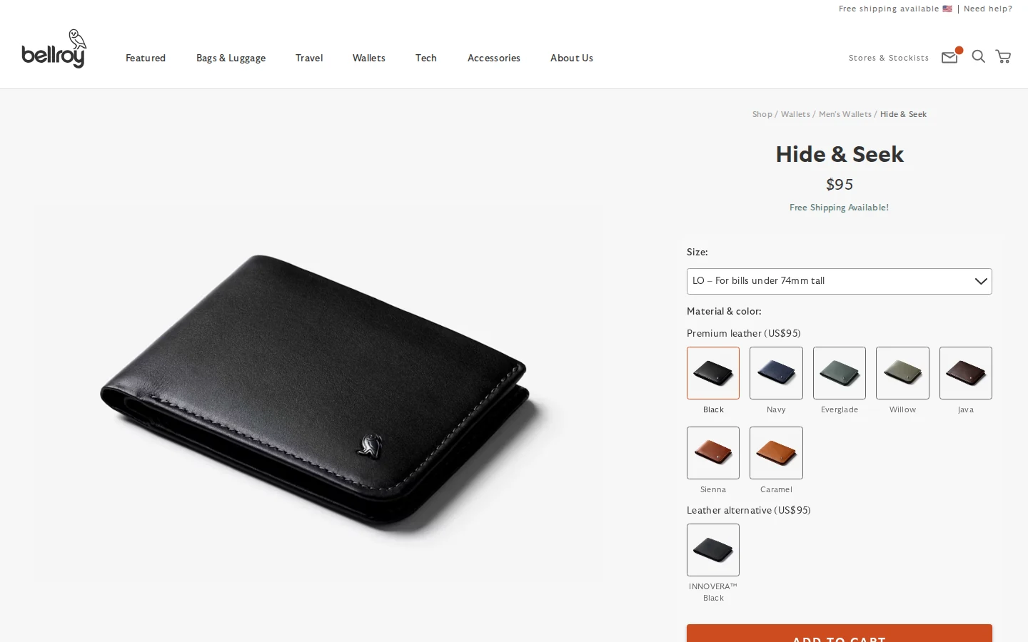 Bellroy Hide and Seek wallet product landing page with size and material options