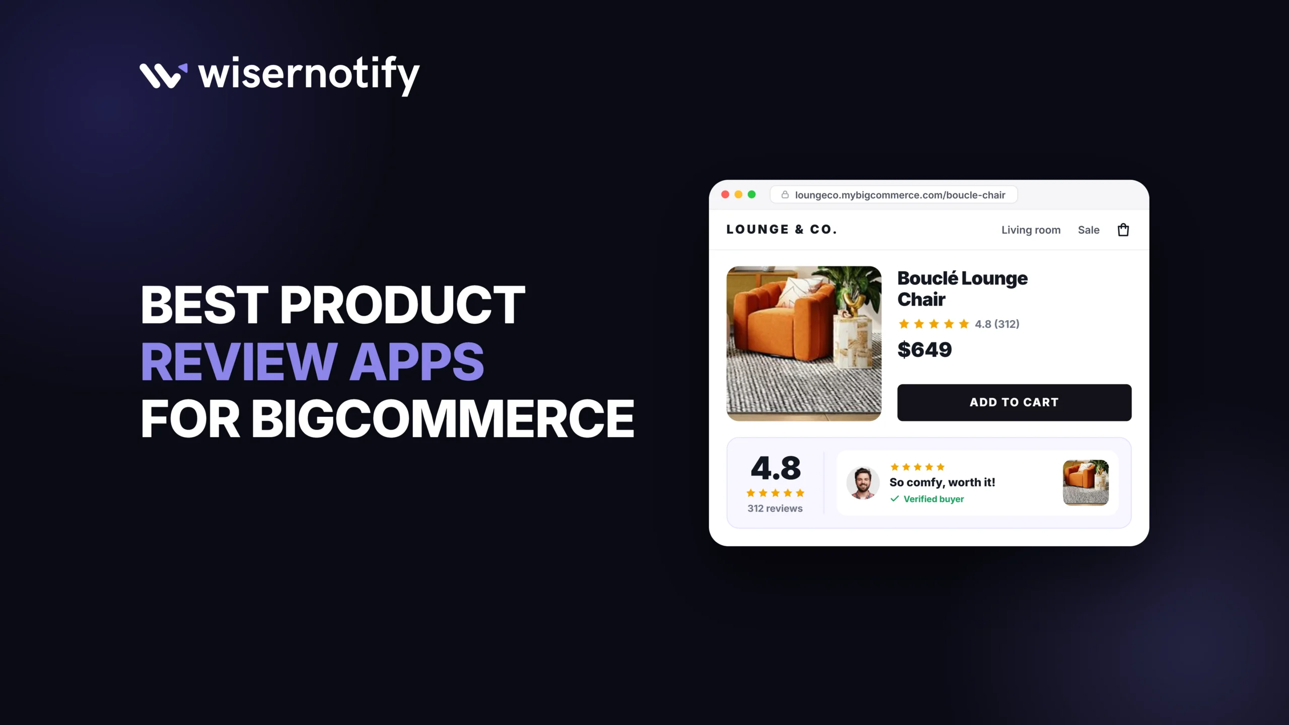 Best product review apps for BigCommerce cover with a product page showing a 4.8 star rating and a verified buyer review