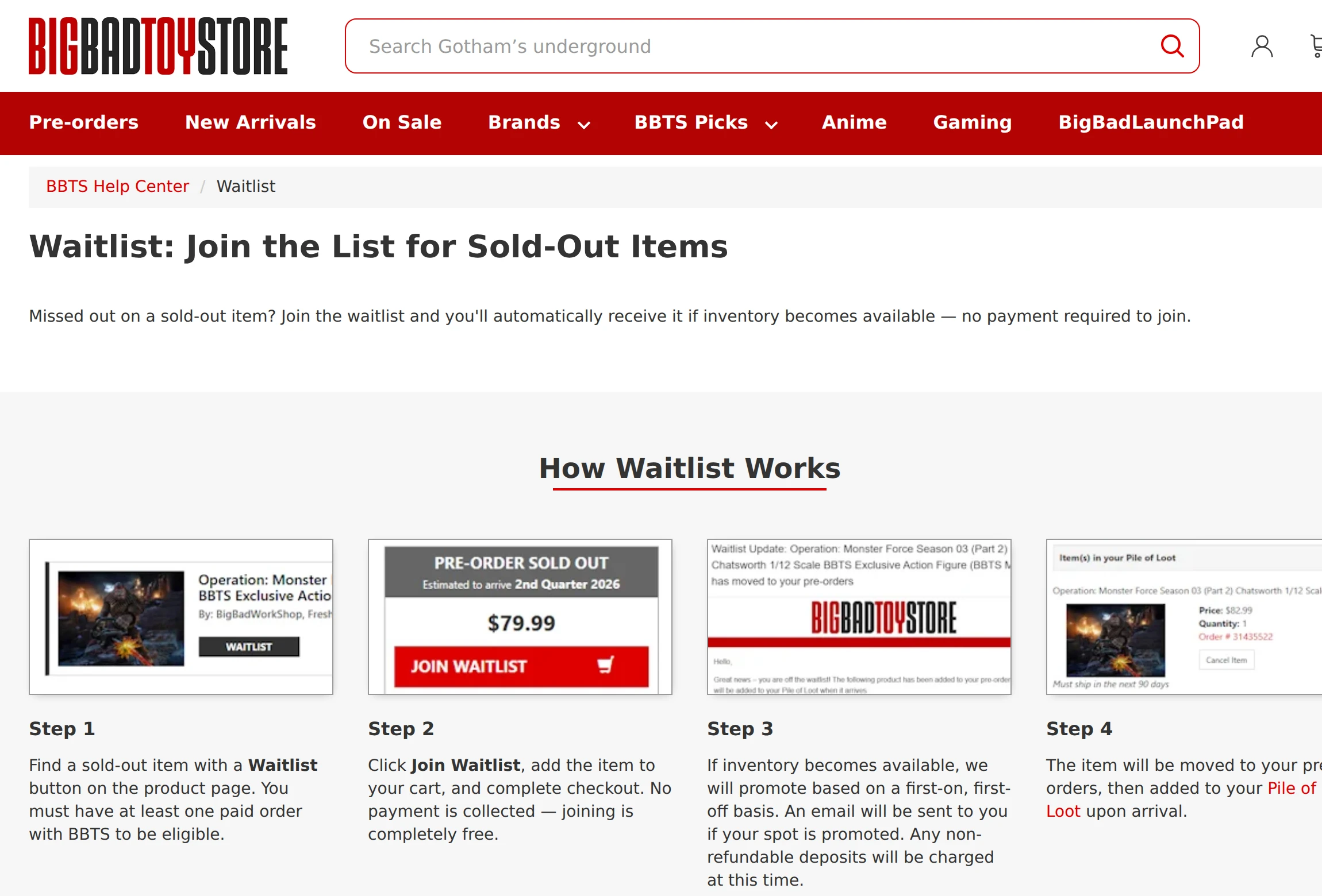 BigBadToyStore waitlist for sold-out items as a FOMO marketing example