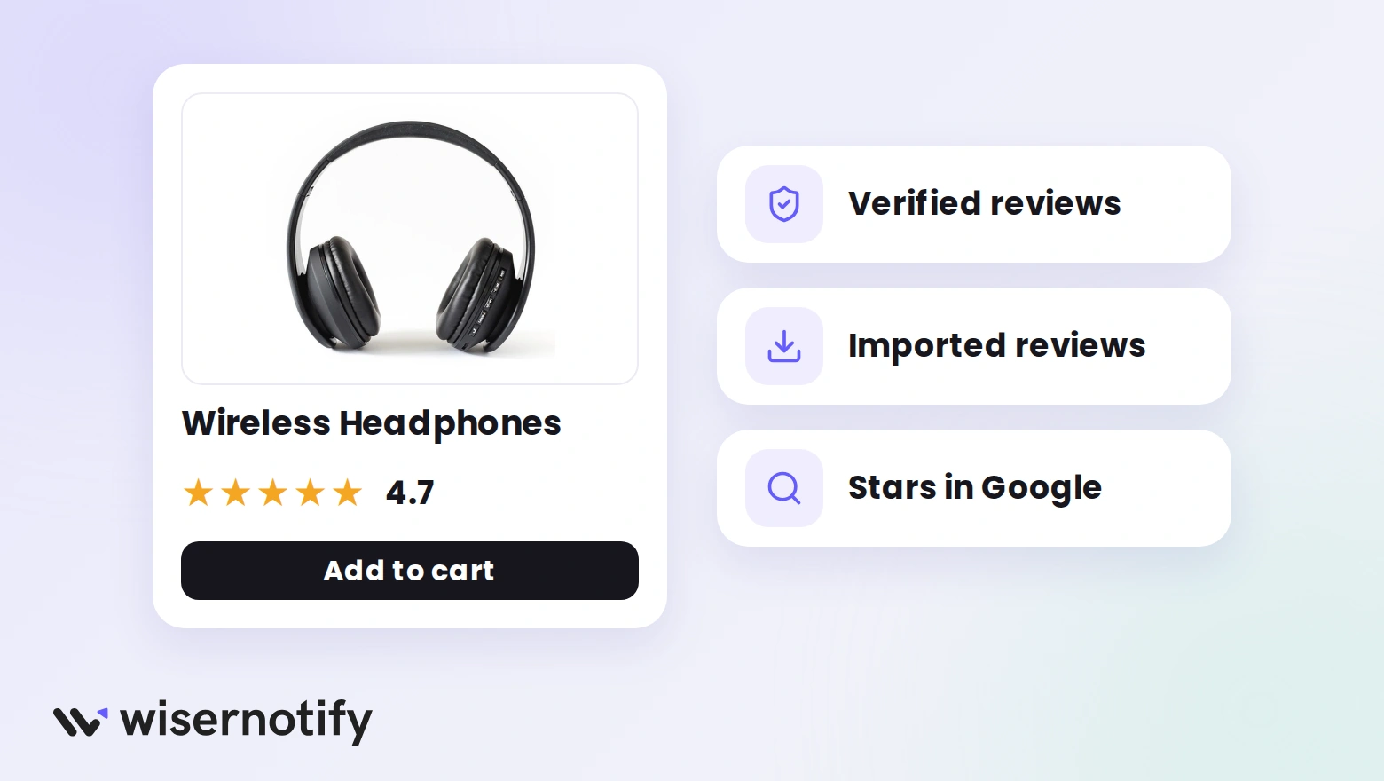 A product page for wireless headphones with a 4.7 star rating and three review benefits: verified reviews, imported reviews, and stars in Google