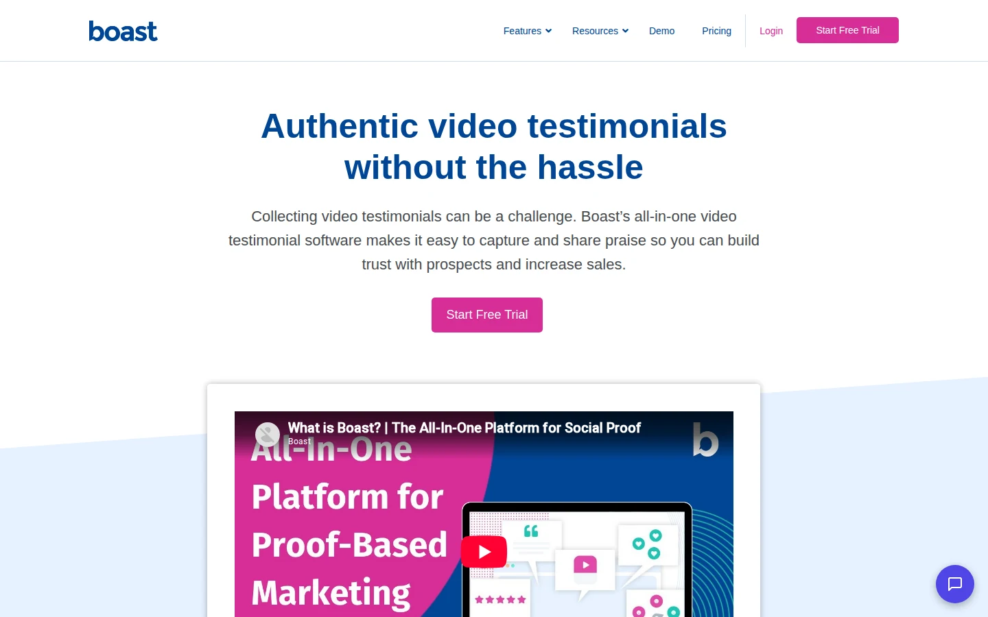 Boast homepage for video testimonial software