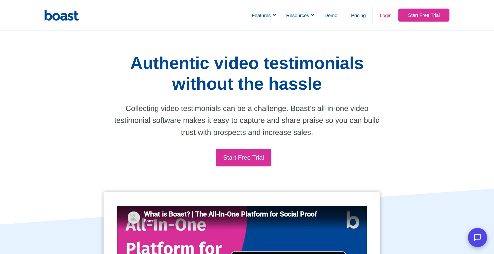 Boast homepage with the headline Authentic video testimonials without the hassle and a Start Free Trial button