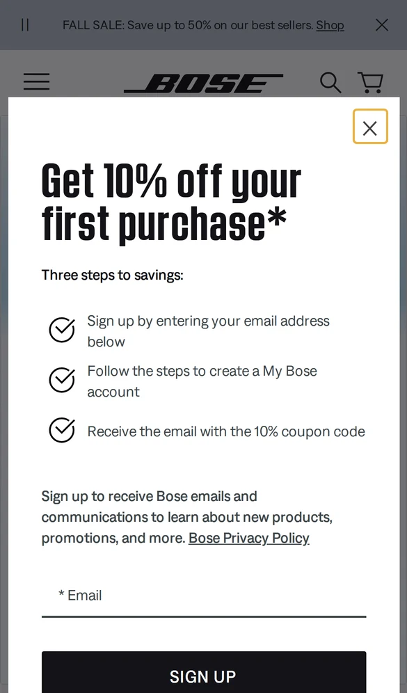 Bose mobile popup offering 10% off the first purchase in three steps