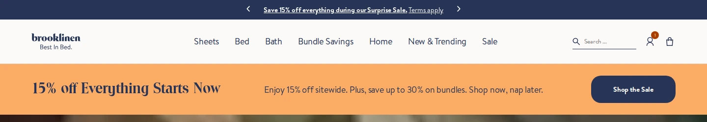Brooklinen rotating announcement bar promoting 15% off everything during its Surprise Sale