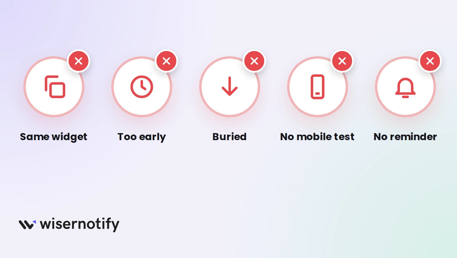 Five Kajabi review mistakes marked with red crosses: the same widget on every offer, asking too early, a buried widget, no mobile test and no reminder