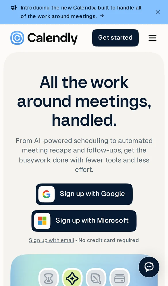 Calendly mobile landing page with Sign up with Google and Sign up with Microsoft buttons