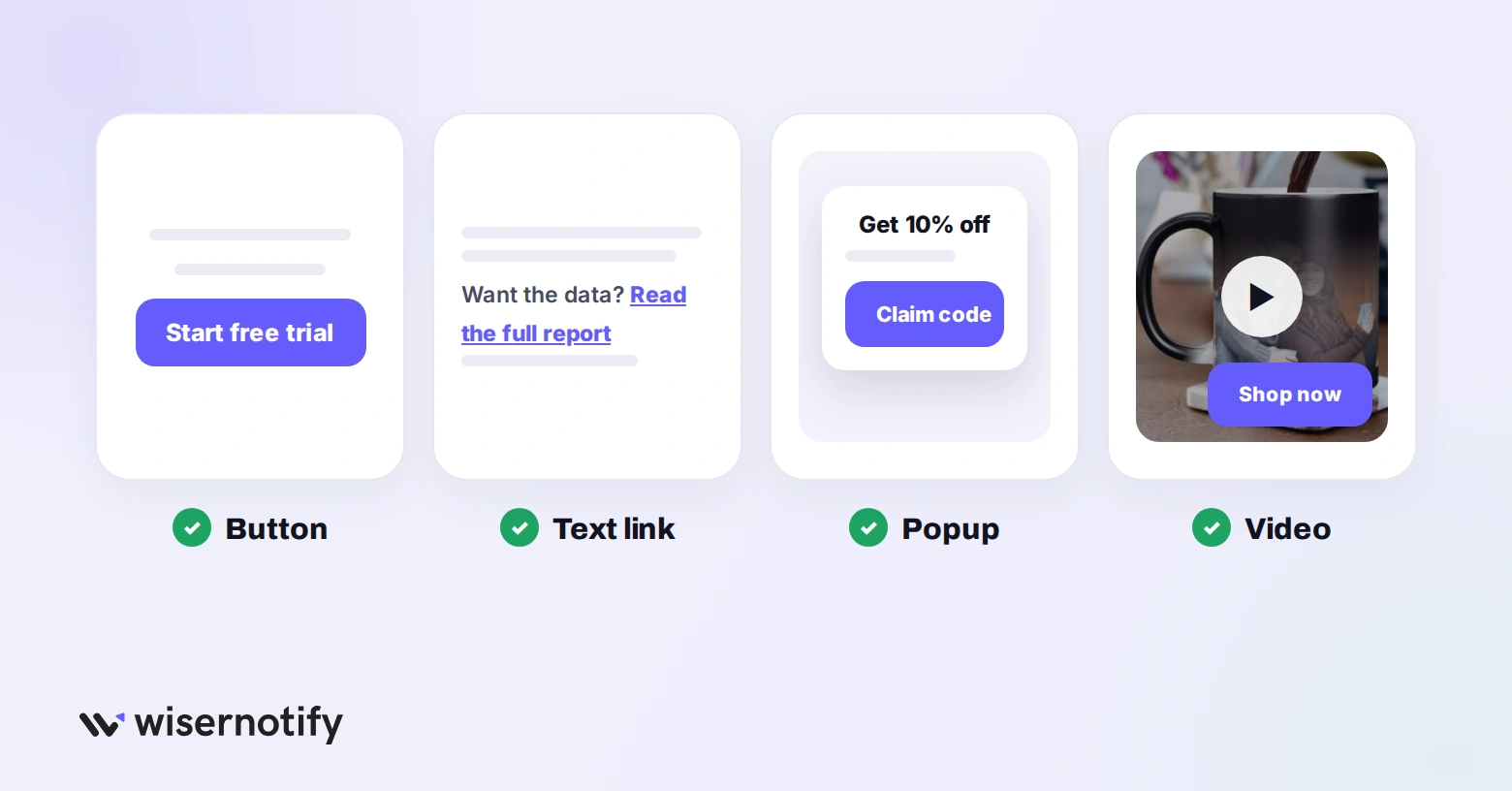 Four call to action formats: button, text link, popup and video