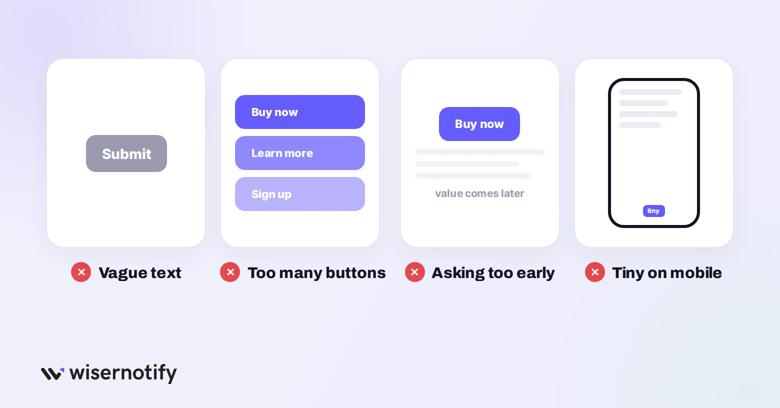 Call to action mistakes: vague text, too many buttons, asking too early and tiny buttons on mobile