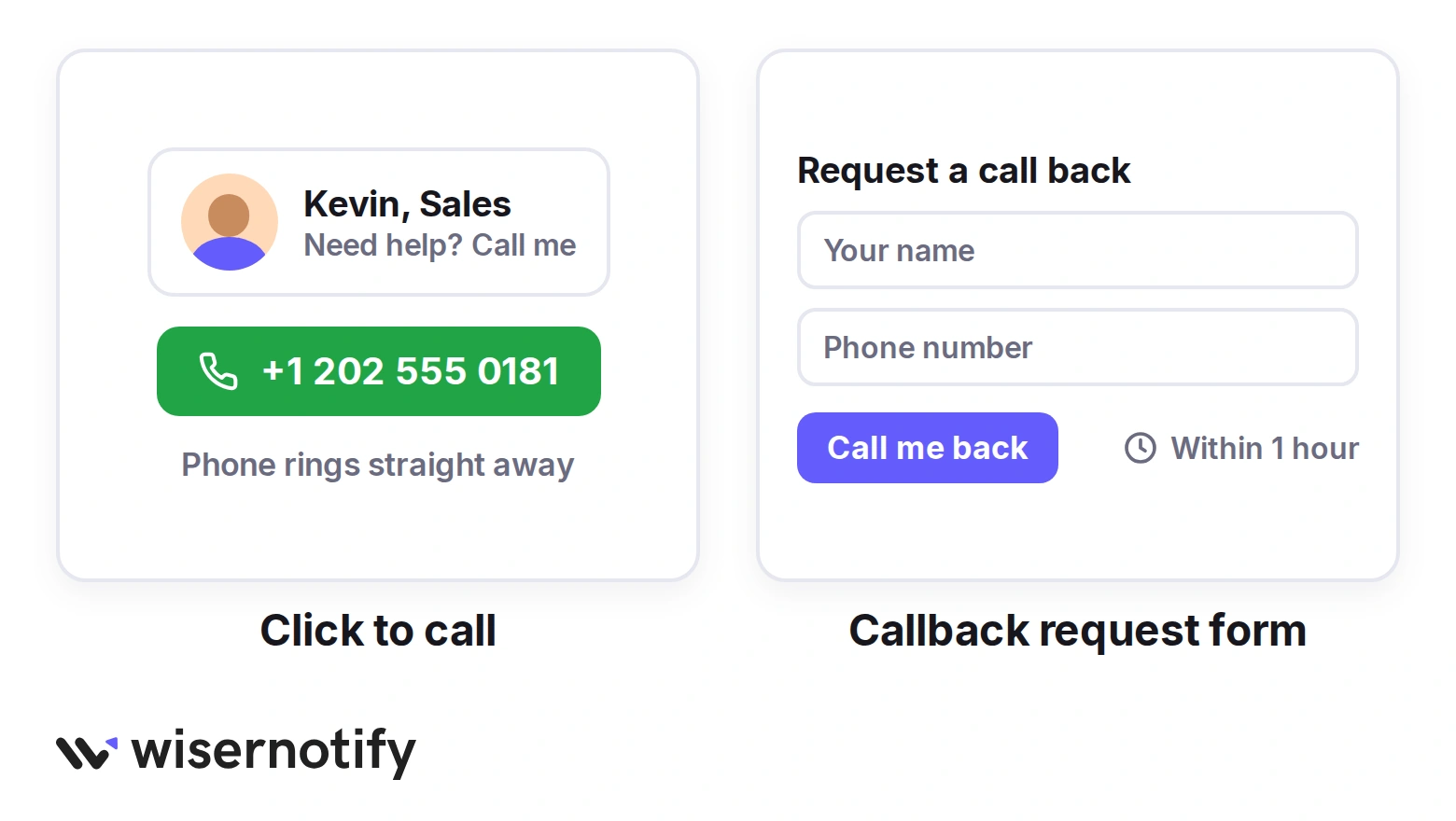 Two kinds of callback widget: a click-to-call card where the phone rings straight away, and a callback request form that asks for a name and number