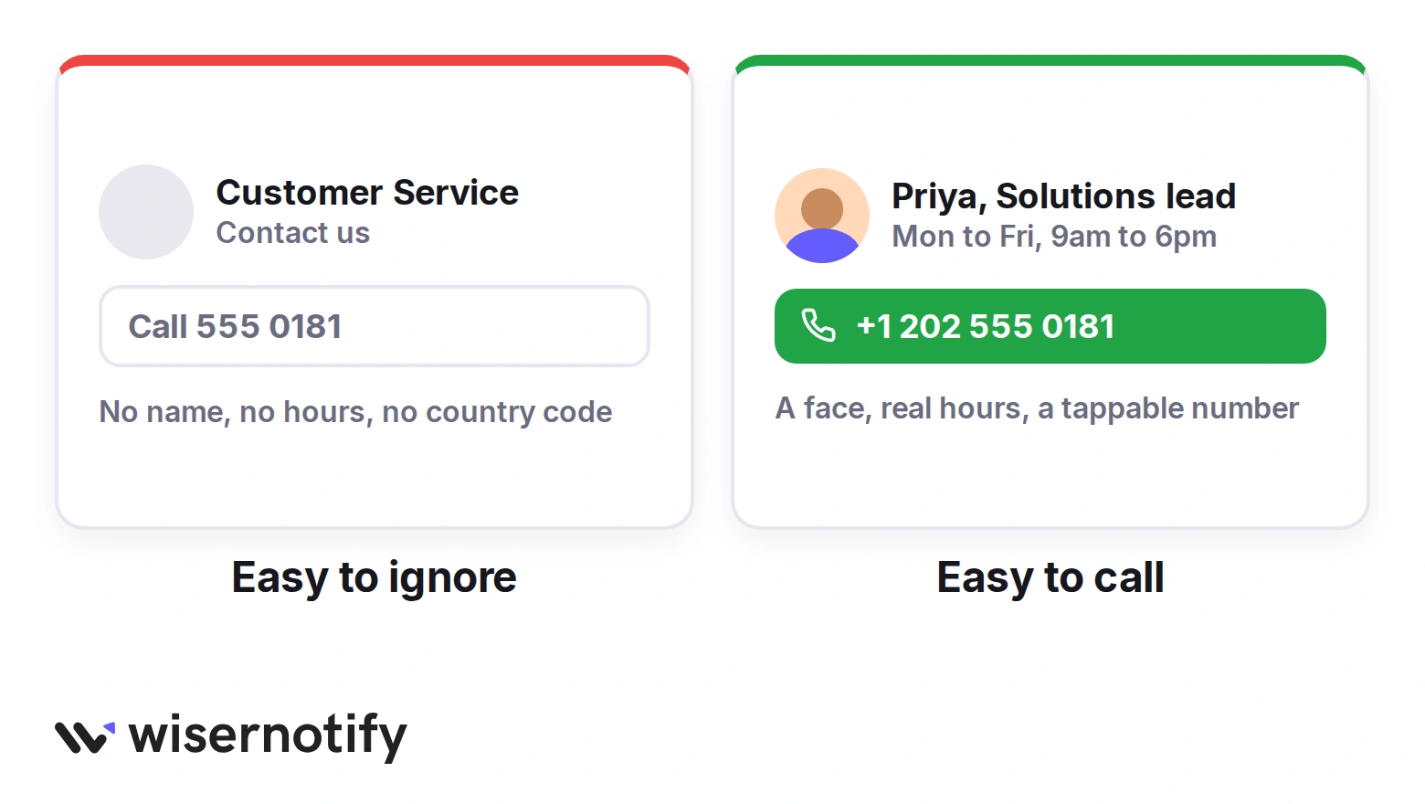 A faceless Customer Service card with a bare number next to a card with a named person, opening hours and a tappable number