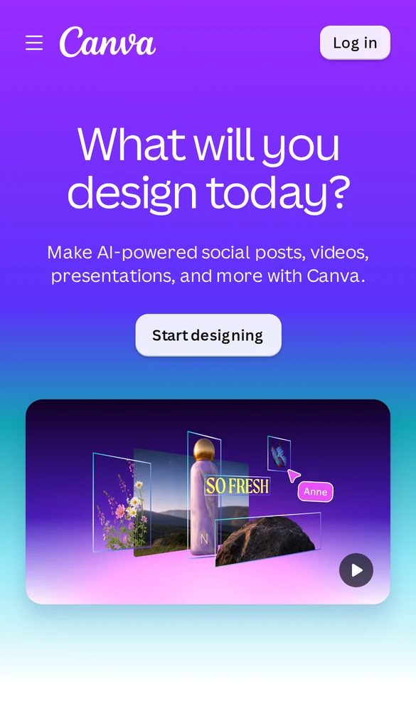 Canva mobile landing page asking What will you design today with one Start designing button