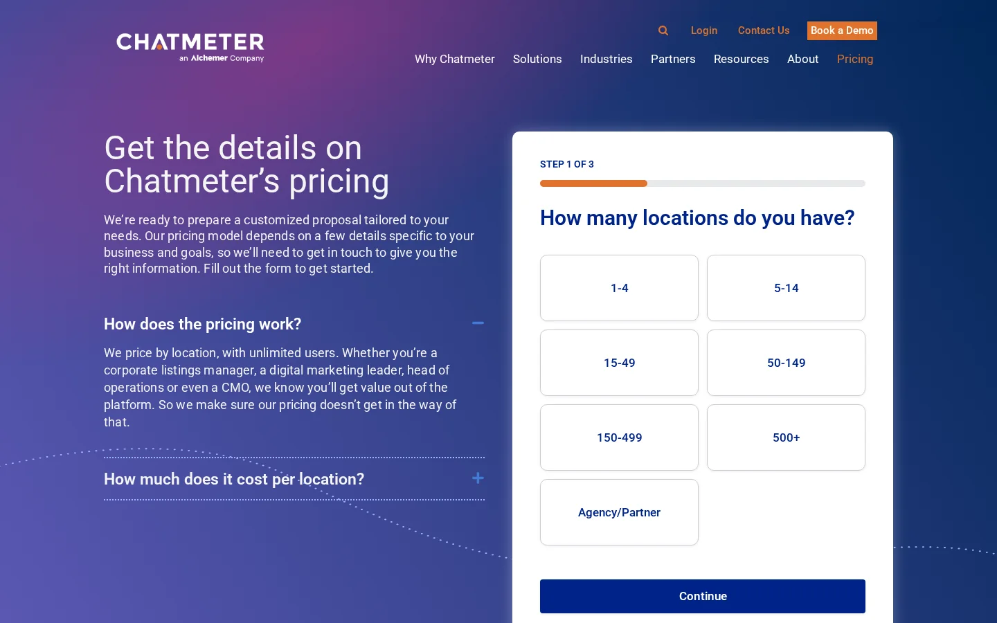 Chatmeter pricing page with its three-step quote form
