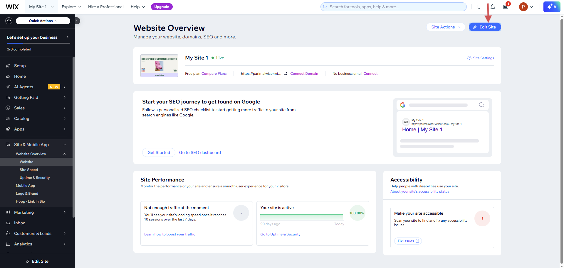 Wix dashboard Website Overview page with the Edit Site button