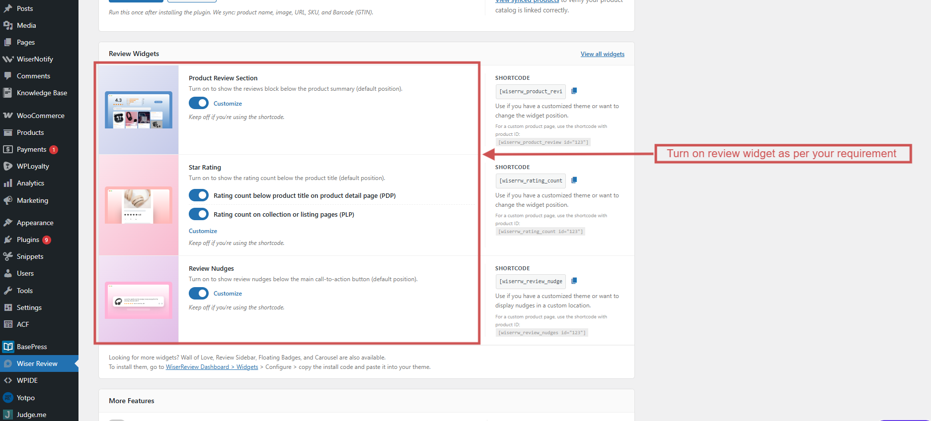 Turning on WiserReview review widgets in the WooCommerce plugin settings
