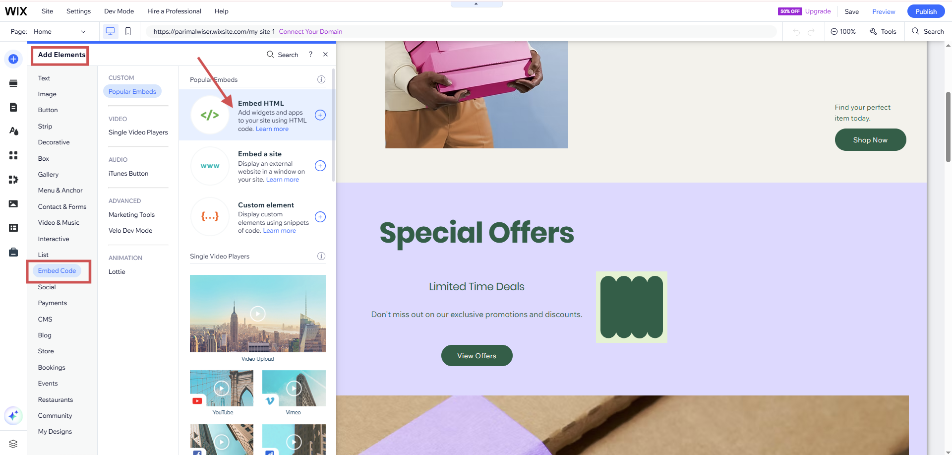Wix Editor Add Elements panel with Embed Code and Embed HTML highlighted