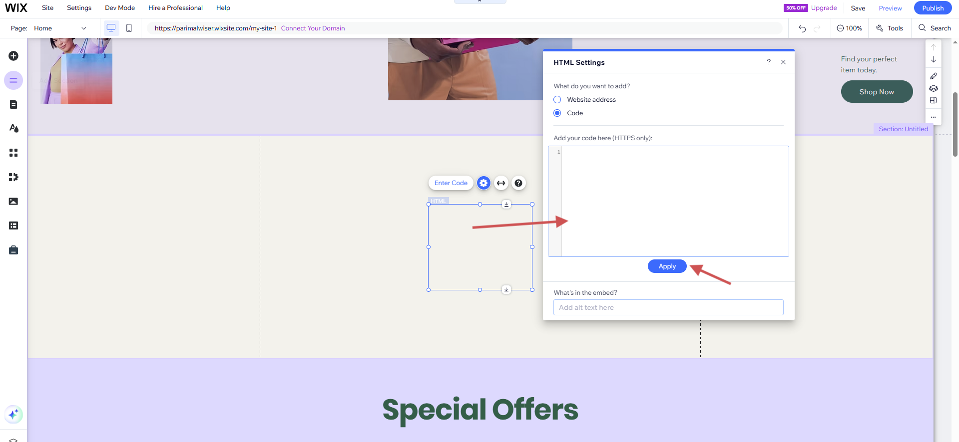 Wix HTML Settings panel with Code selected, the code box and the Apply button