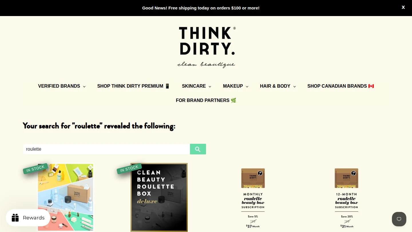 Clean Beautique search results showing the Clean Beauty Roulette Box at $39 and the monthly and 12-month roulette subscriptions