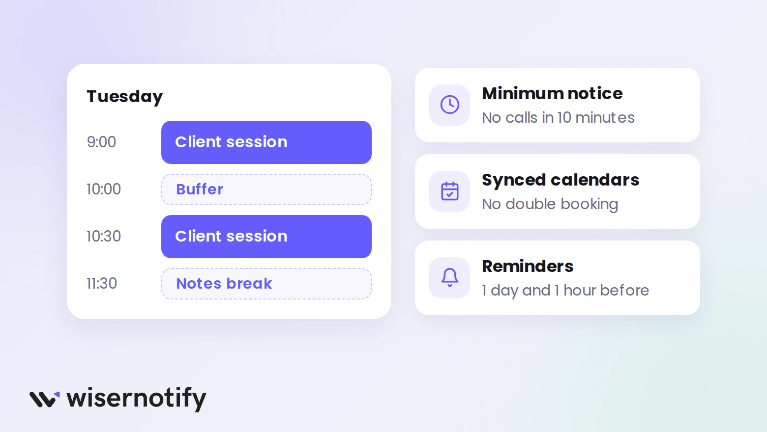 A coach's Tuesday calendar with sessions and buffers, and three booking rules: minimum notice, synced calendars, and reminders
