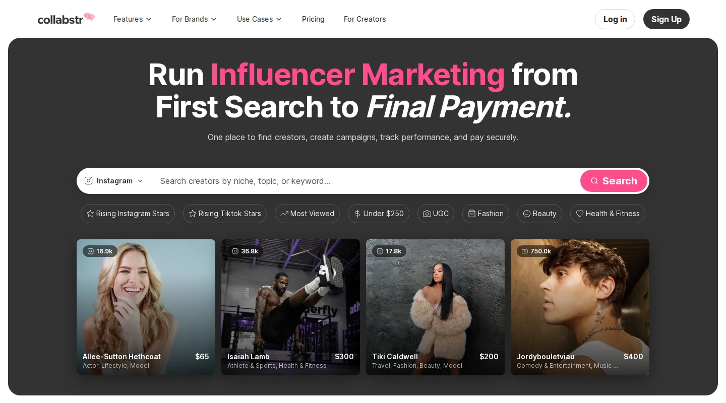 Collabstr creator marketplace homepage