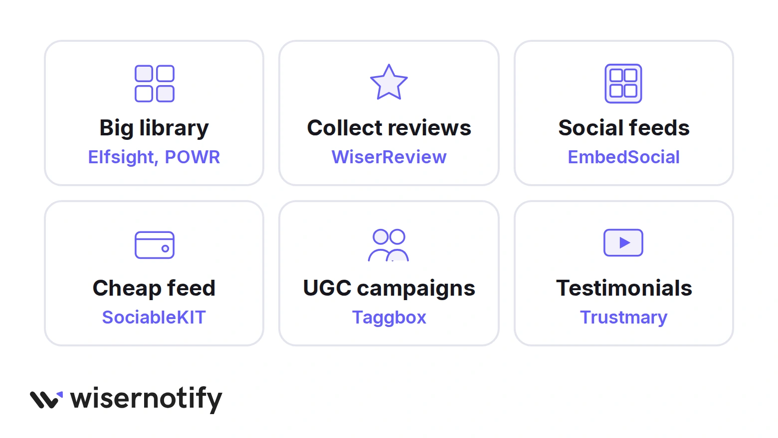 Which Common Ninja alternative fits each job: Elfsight or POWR for a big library, WiserReview to collect reviews, EmbedSocial for social feeds, SociableKIT for a cheap feed, Taggbox for UGC campaigns, Trustmary for testimonials