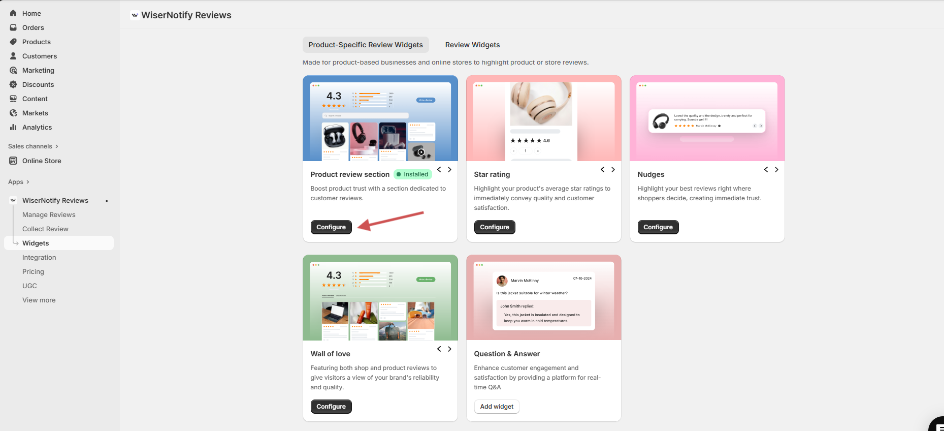 WiserReview widget list in Shopify with the Product review section Configure button