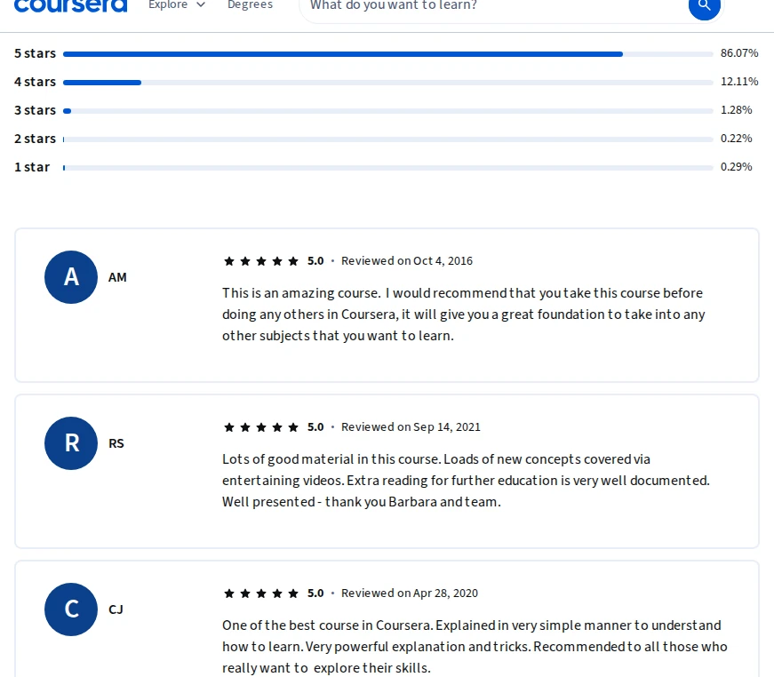 Coursera course page learner reviews with a star distribution and review cards