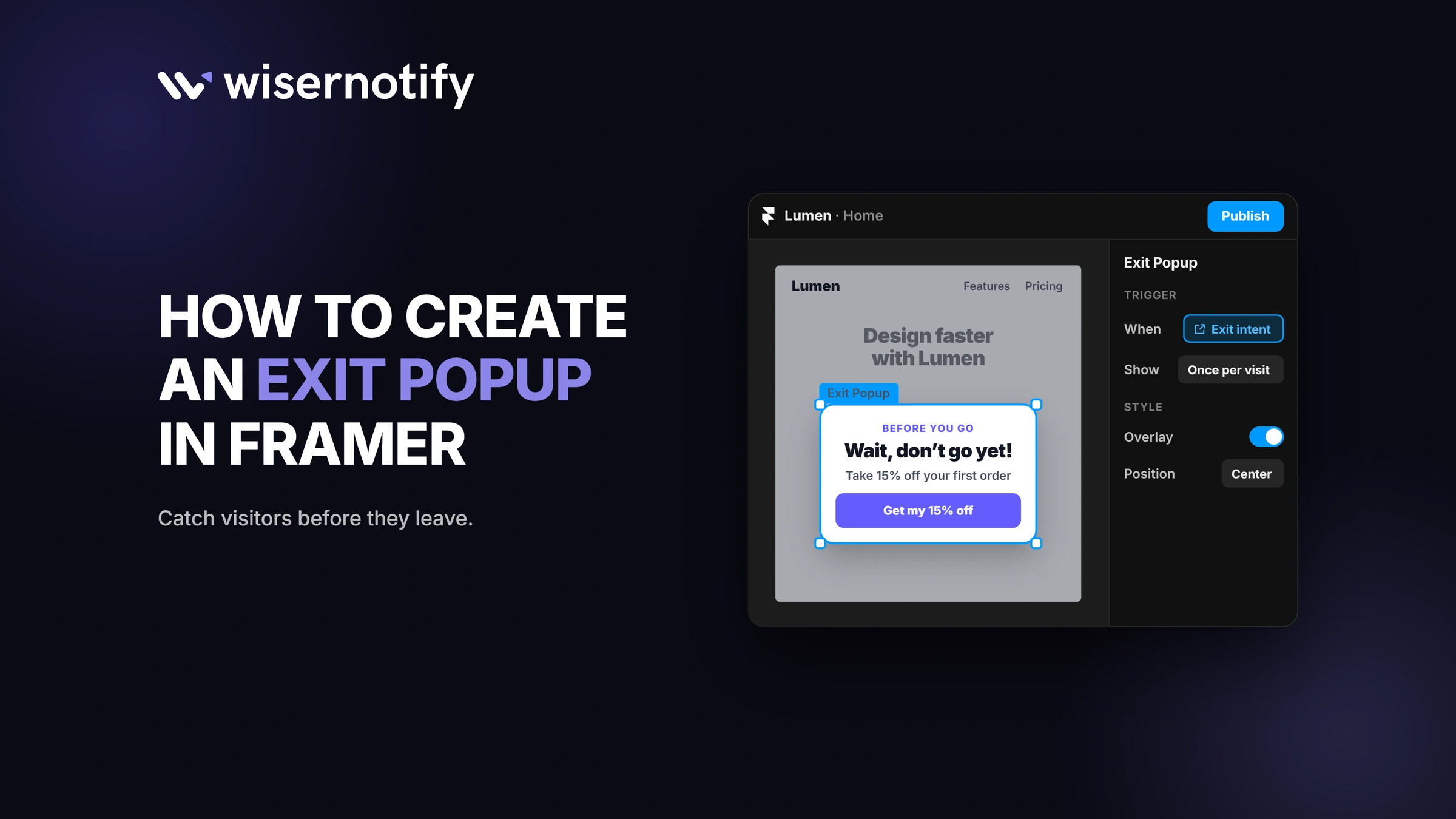 How to create an exit popup in Framer: an exit-intent popup offering 15% off on a Framer site