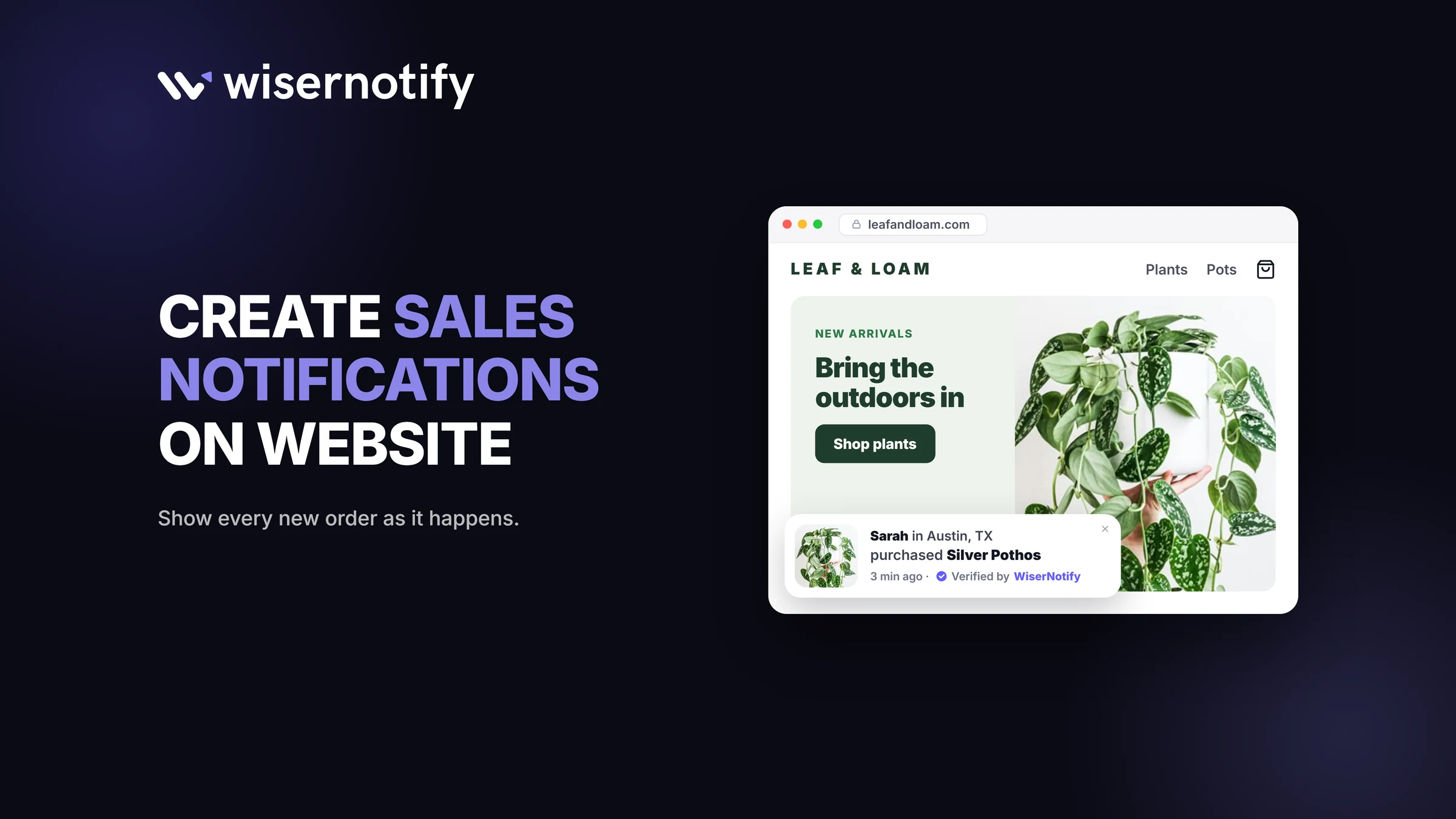 Create sales notifications on your website: a recent sales popup showing a new order on a plant store
