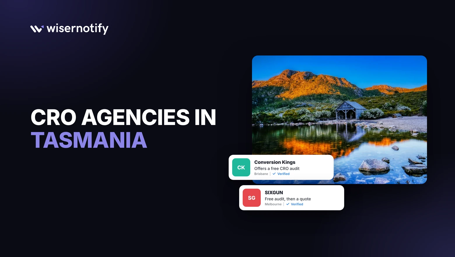 CRO agencies in Tasmania cover with Cradle Mountain and Dove Lake boatshed, and notification cards for Conversion Kings and SIXGUN