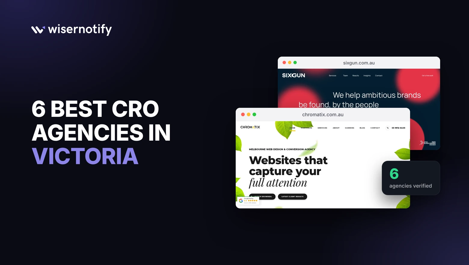 6 best CRO agencies in Victoria cover with SIXGUN and Chromatix homepages