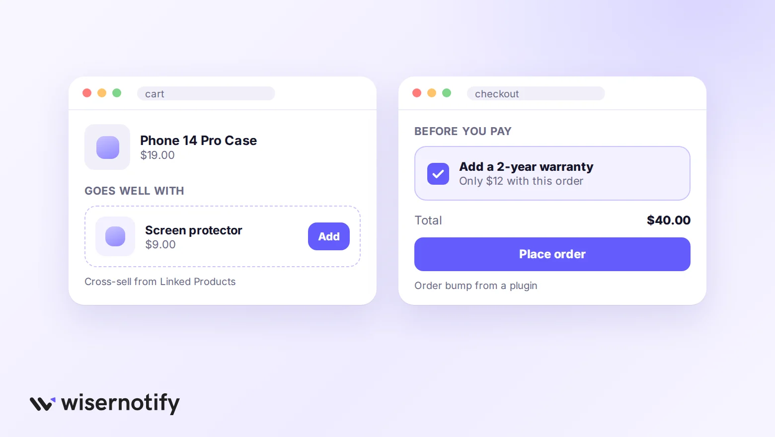 Cart cross-sell suggestion next to a checkout order bump checkbox offer