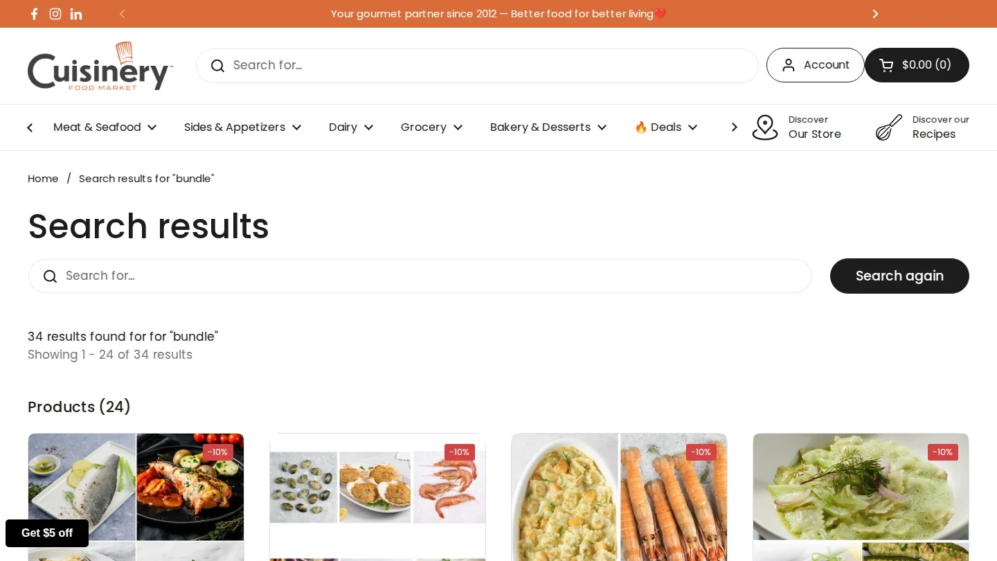 Cuisinery Food Market search results for bundle showing recipe bundles with 10% off badges