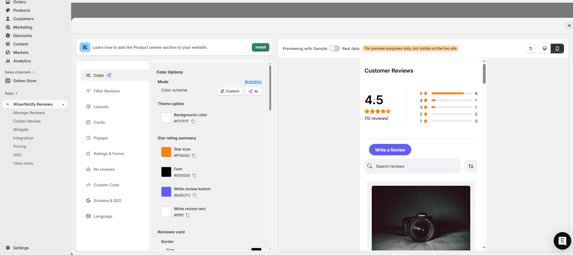WiserReview widget editor in Shopify with color, layout, and Schema and SEO settings