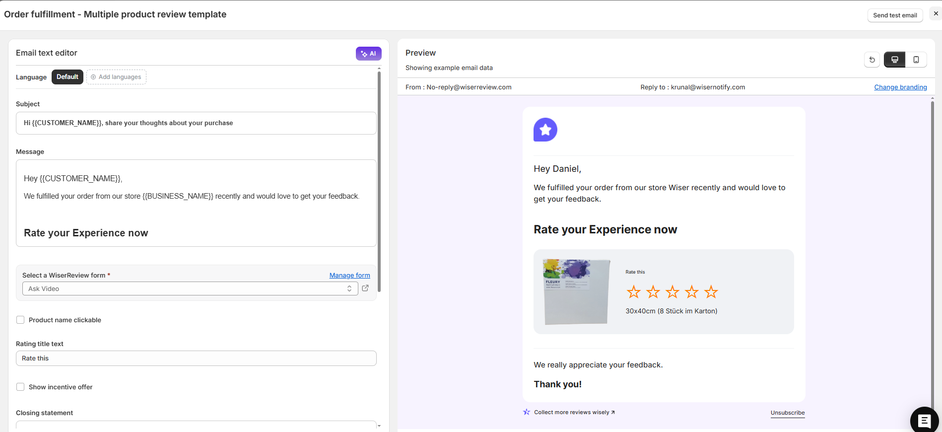 WiserReview review request email editor with the Select a WiserReview form field and a preview of the Rate your Experience now email