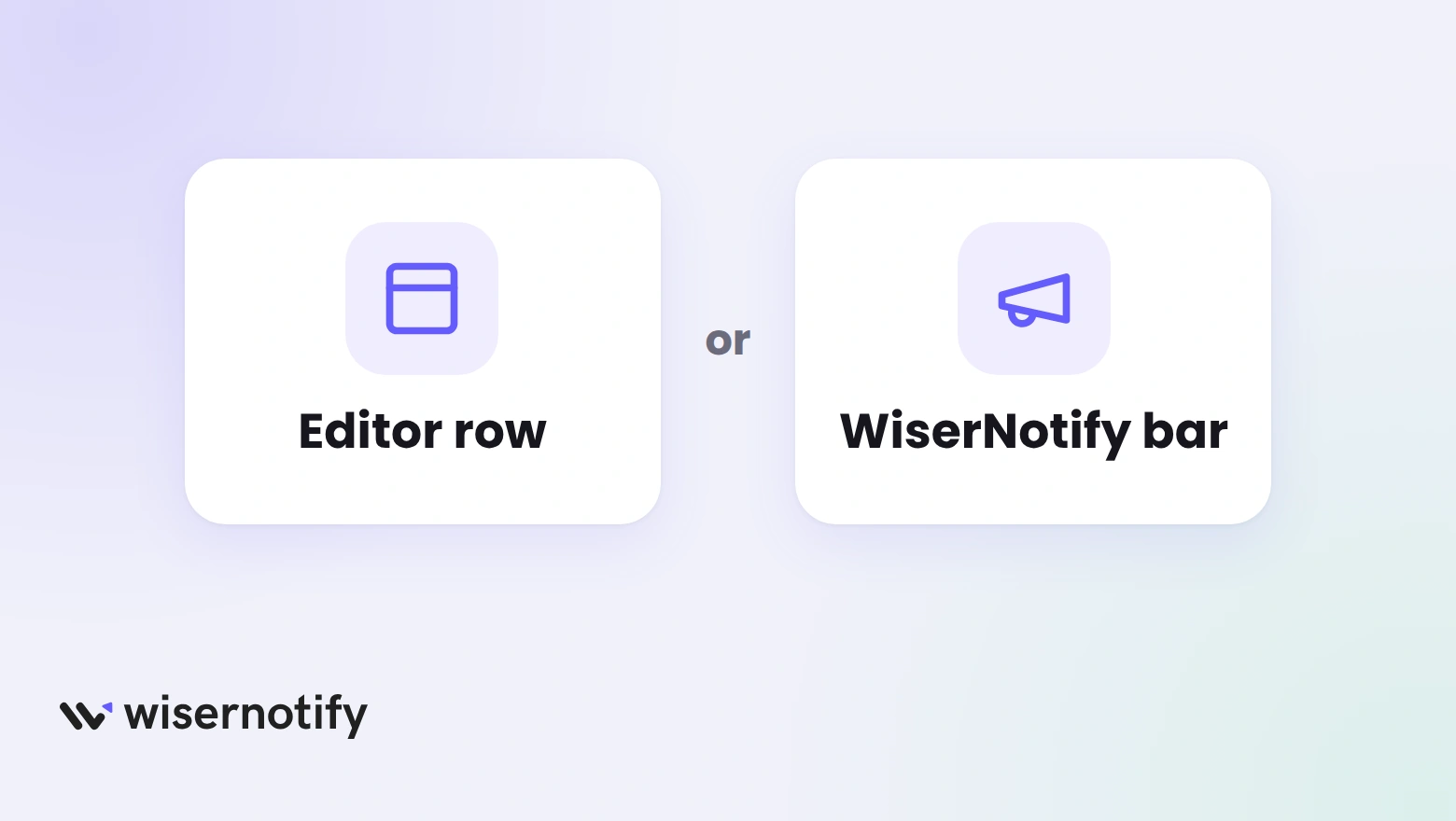 Two cards labelled Editor row and WiserNotify bar, the two ways to put an announcement bar on a Duda site