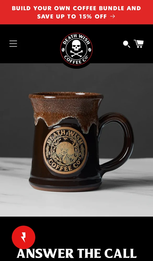 Death Wish Coffee mobile landing page with an offer bar for up to 15% off coffee bundles