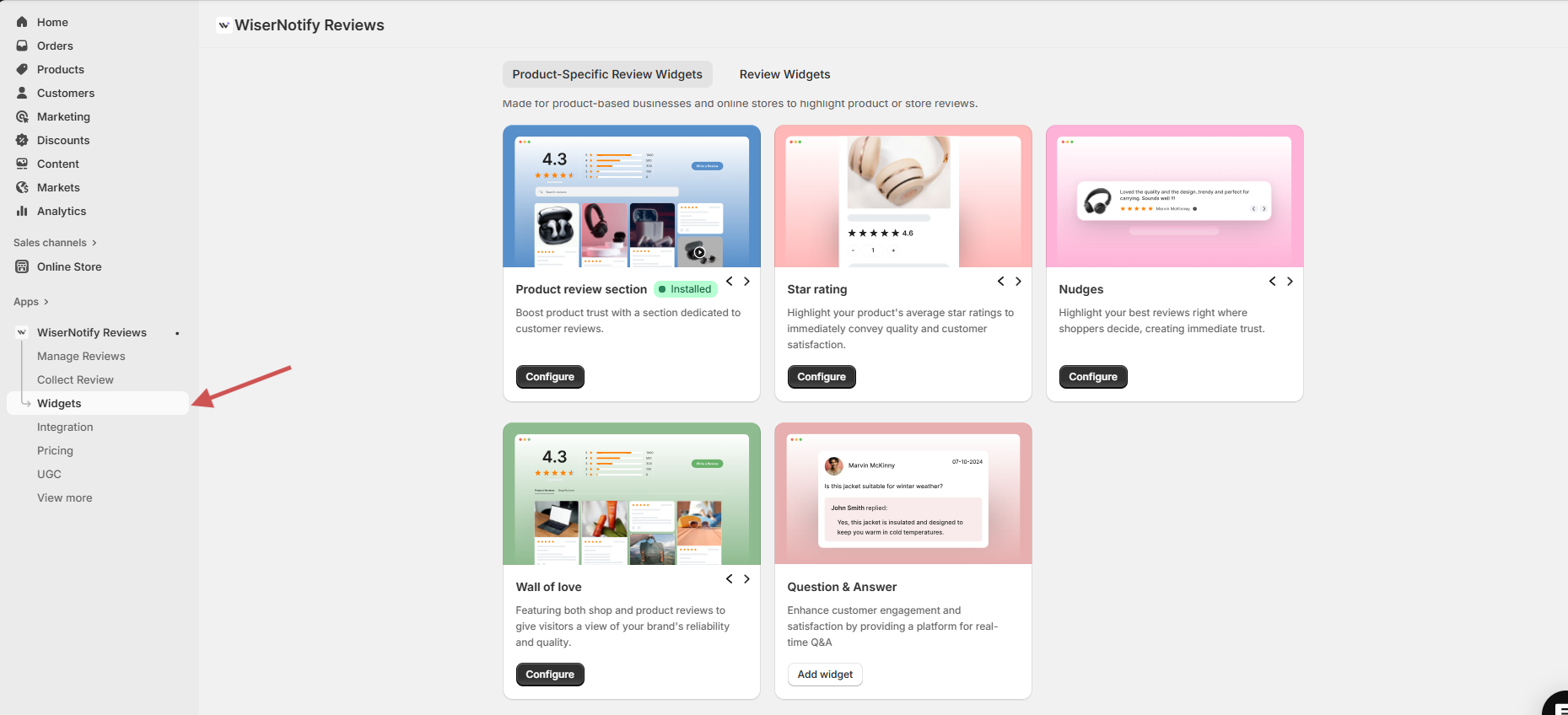 WiserReview Widgets menu inside the Shopify admin sidebar