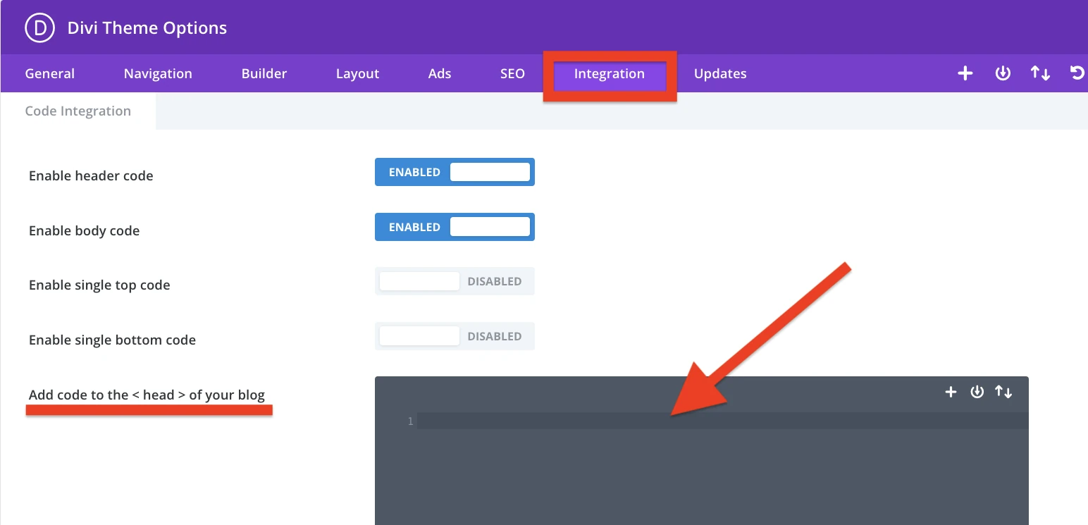 Divi Integration tab with Enable header code switched on and the Add code to the head of your blog box