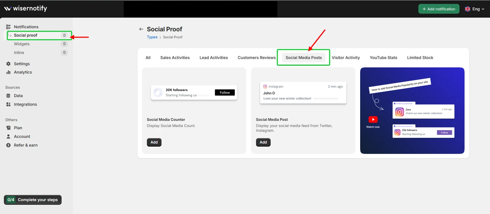 WiserNotify dashboard: Social proof, then Social Media Posts, with Social Media Counter and Social Media Post templates