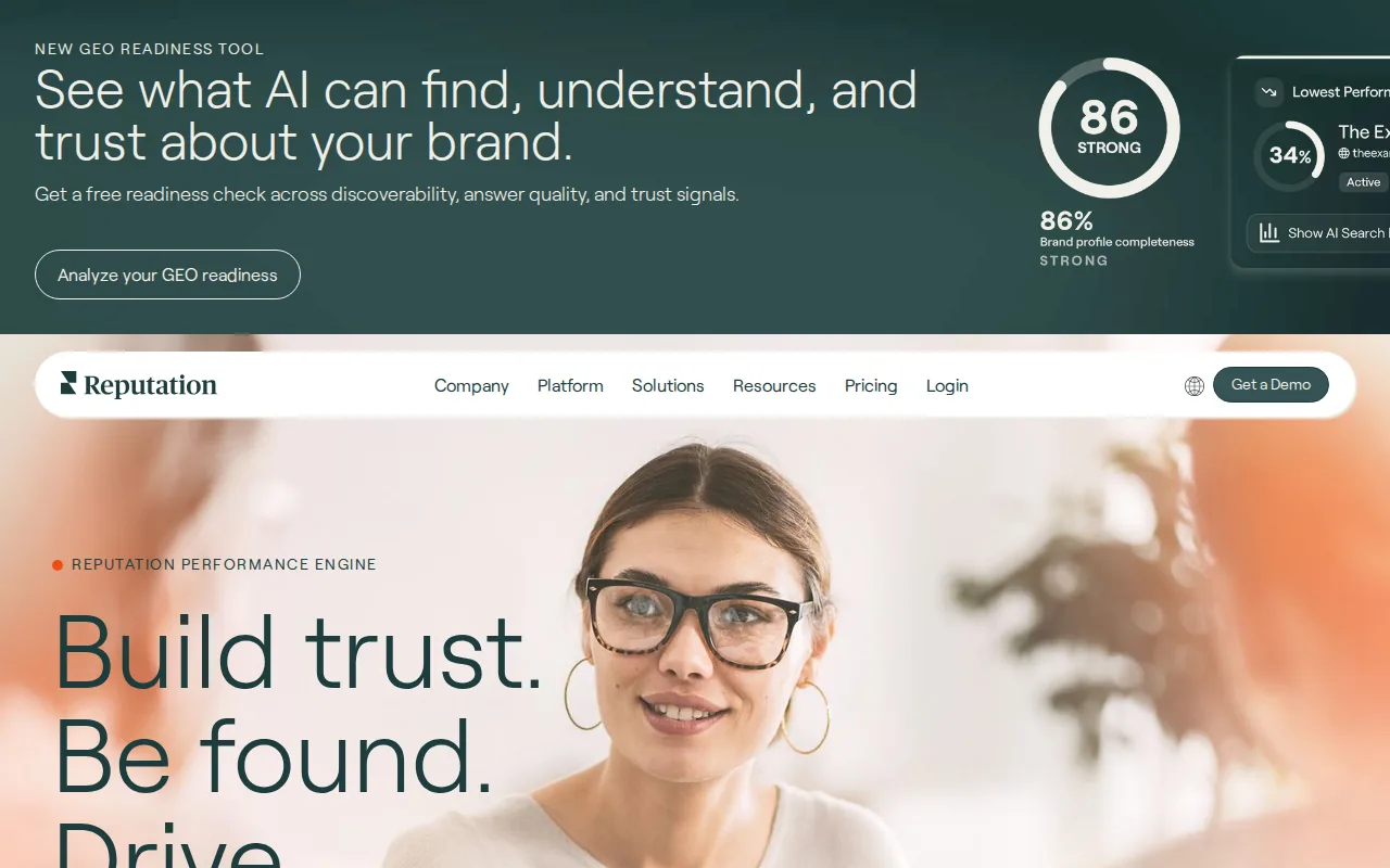 Reputation homepage with the headline Build trust. Be found.