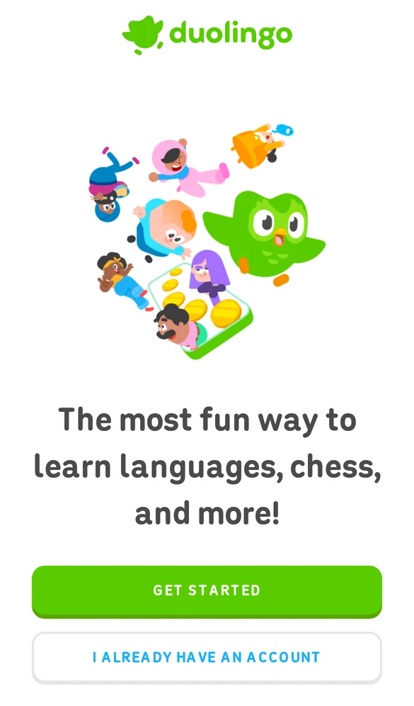 Duolingo mobile landing page with stacked Get started and I already have an account buttons
