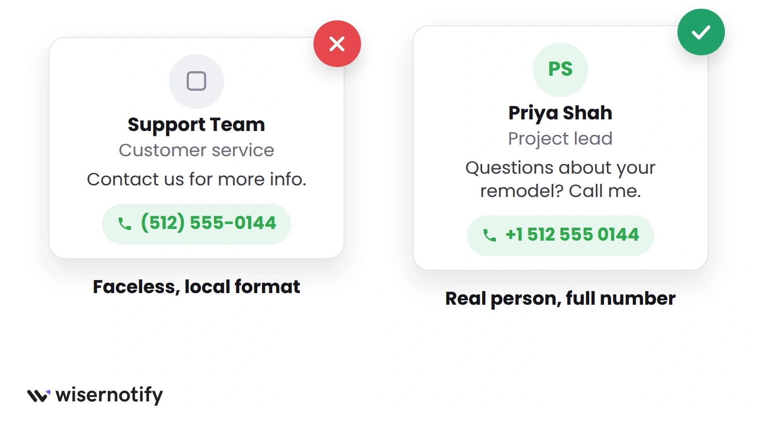 A faceless support card with a local number next to a card with a named person and a full international number