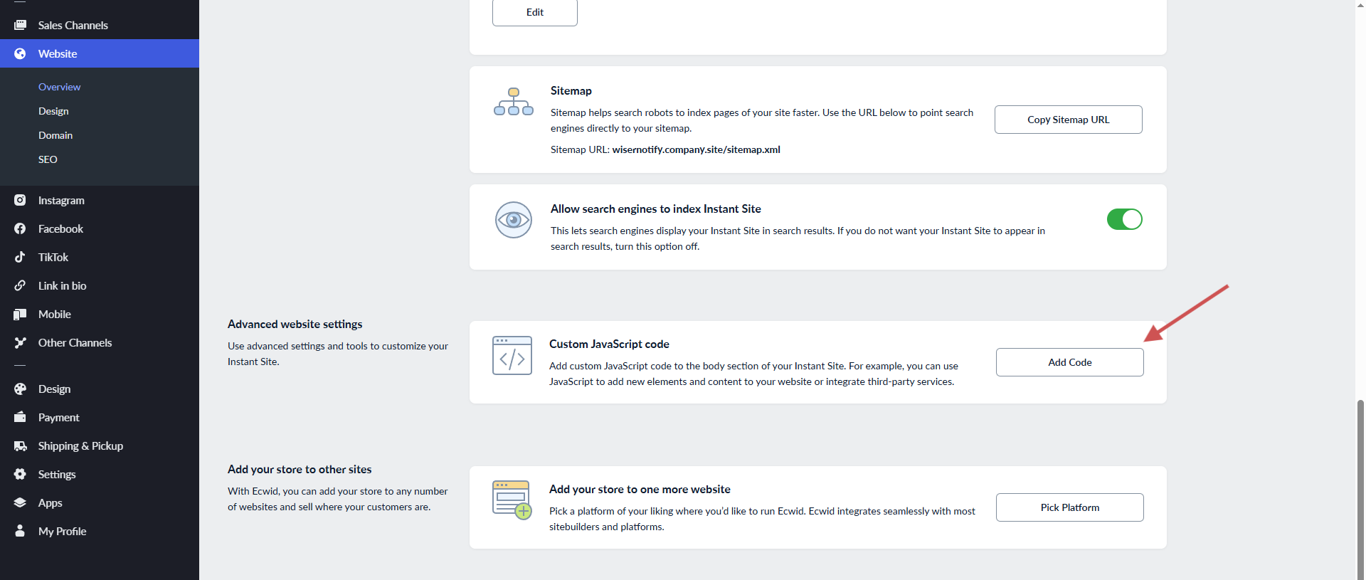 Ecwid Advanced website settings with the Custom JavaScript code section and its Add Code button marked
